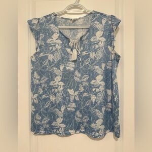 Tribal Jeans | Floral Blue and White Women's Top Ruffle Sleeve